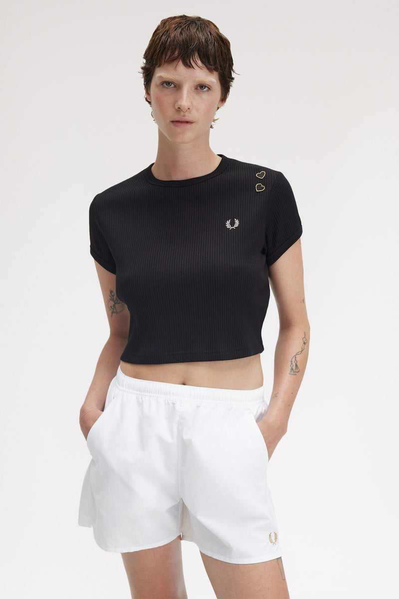 FRED PERRY AMYWINEHOUSE クロップドTシャツ Fred Perry Cropped Ribbed Black T-Shirt (Amy Winehouse Collection