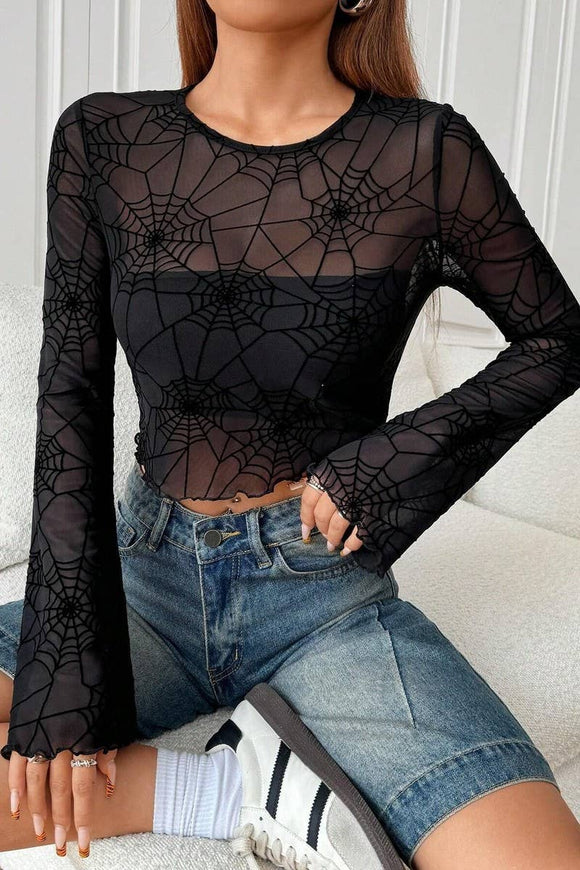 Spiderweb Mesh Bell Sleeve Top