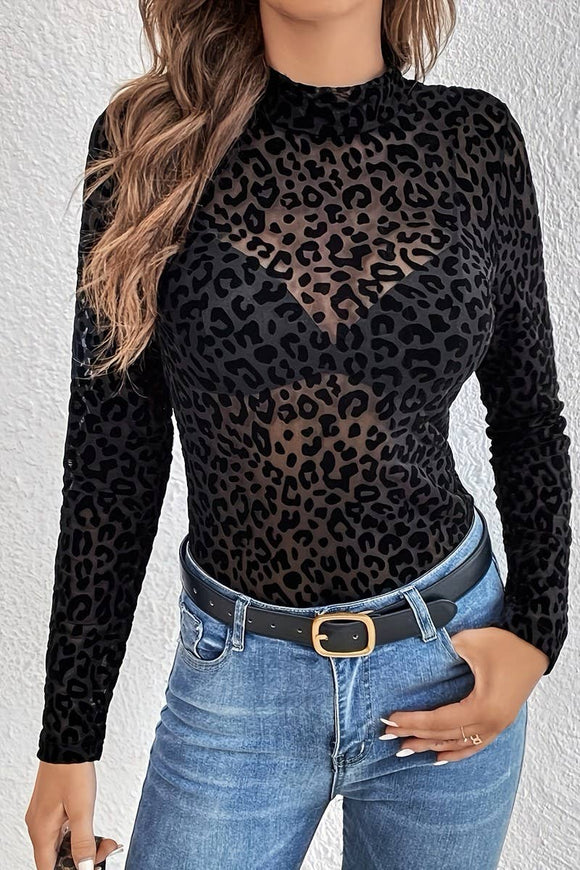 Black Mesh Leopard Print Long Sleeve