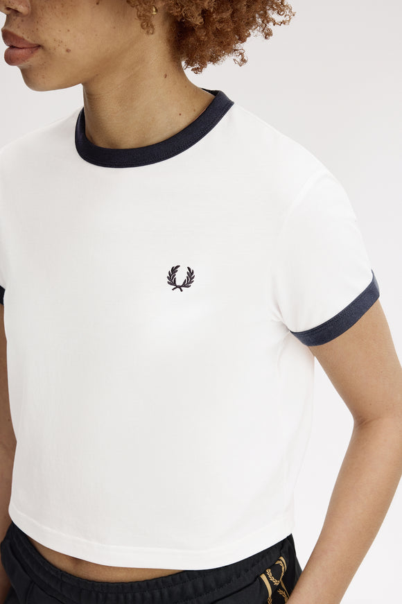 トップス FRED PERRY Cropped Ringer T-Shirt Fred Perry Snow White Cropped Ringer T-Shirt – DeadRockers