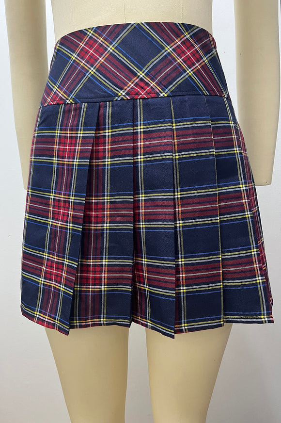 Navy Plaid Pleated Skirt