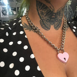 Pink Heart Lock Chain Necklace