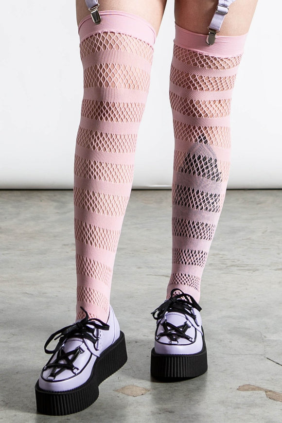 Shena Fishnet Thigh High Stockings Pastel Pink