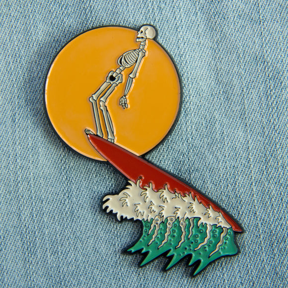 Surfing Skeleton Enamel Pin